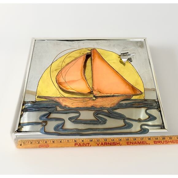 Vintage MCM Sailboat Framed Metal Wall Art 3D Sculpture Copper Brass 20" x 16.5" - Picture 6 of 8